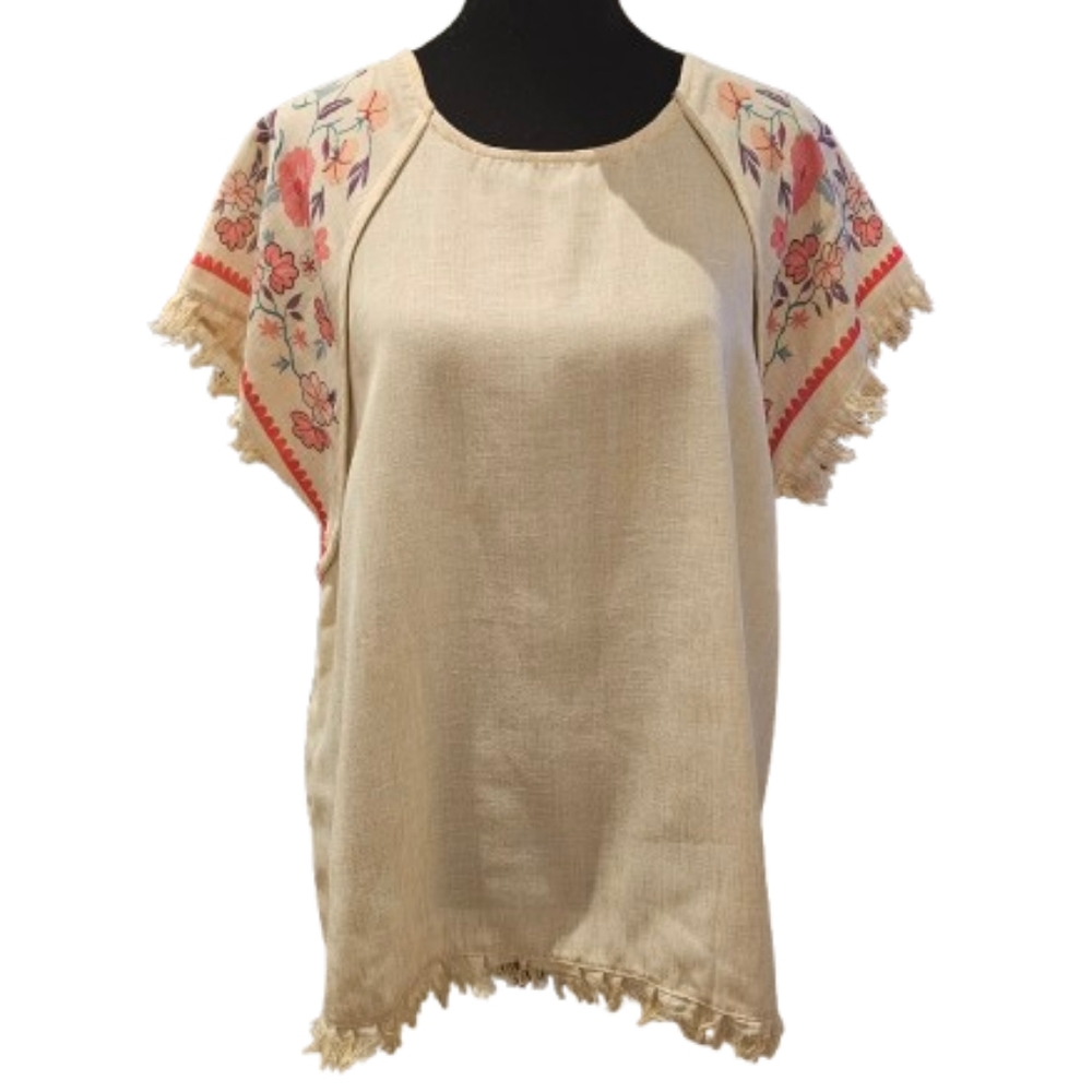 Floral Print Oriental Round Neck Frayed Top NWOT